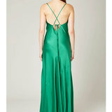 Green satin slip dress with cowl neckline and thigh-high slit — Daname | Endless UAE