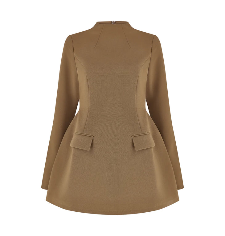 Camel brown mini dress with high neck, long split sleeves, and front pocket details on white background — Odd Muse | Endless UAE