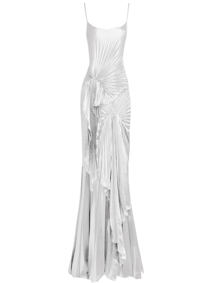 Woman wearing white draped Torrent Dress in modern architectural setting — Georgia Hardinge | Endless UAE