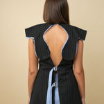 Black pinstriped sleeveless dress with blue curved collar detail — Udianna | Endless UAE