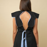 Black pinstriped sleeveless dress with blue curved collar detail — Udianna | Endless UAE