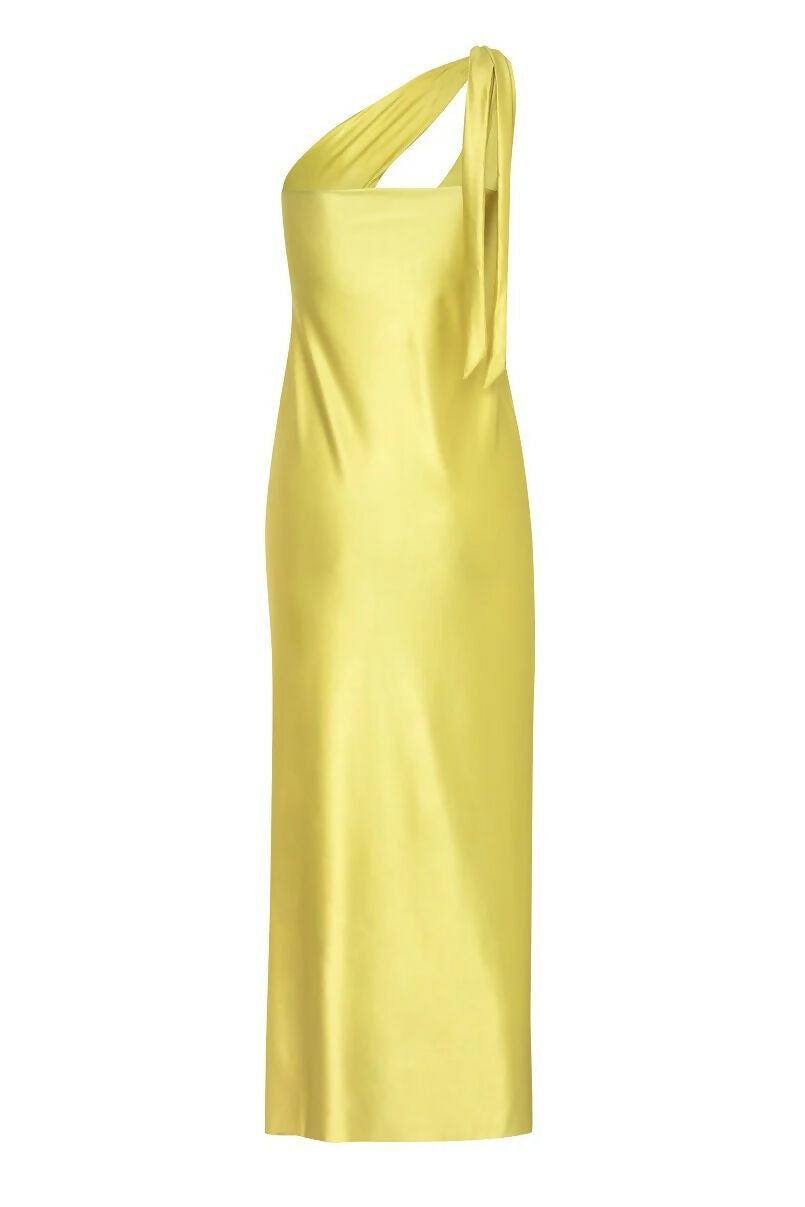 Elegant yellow one-shoulder satin maxi dress with draped sleeve detail — Baobab | Endless UAE