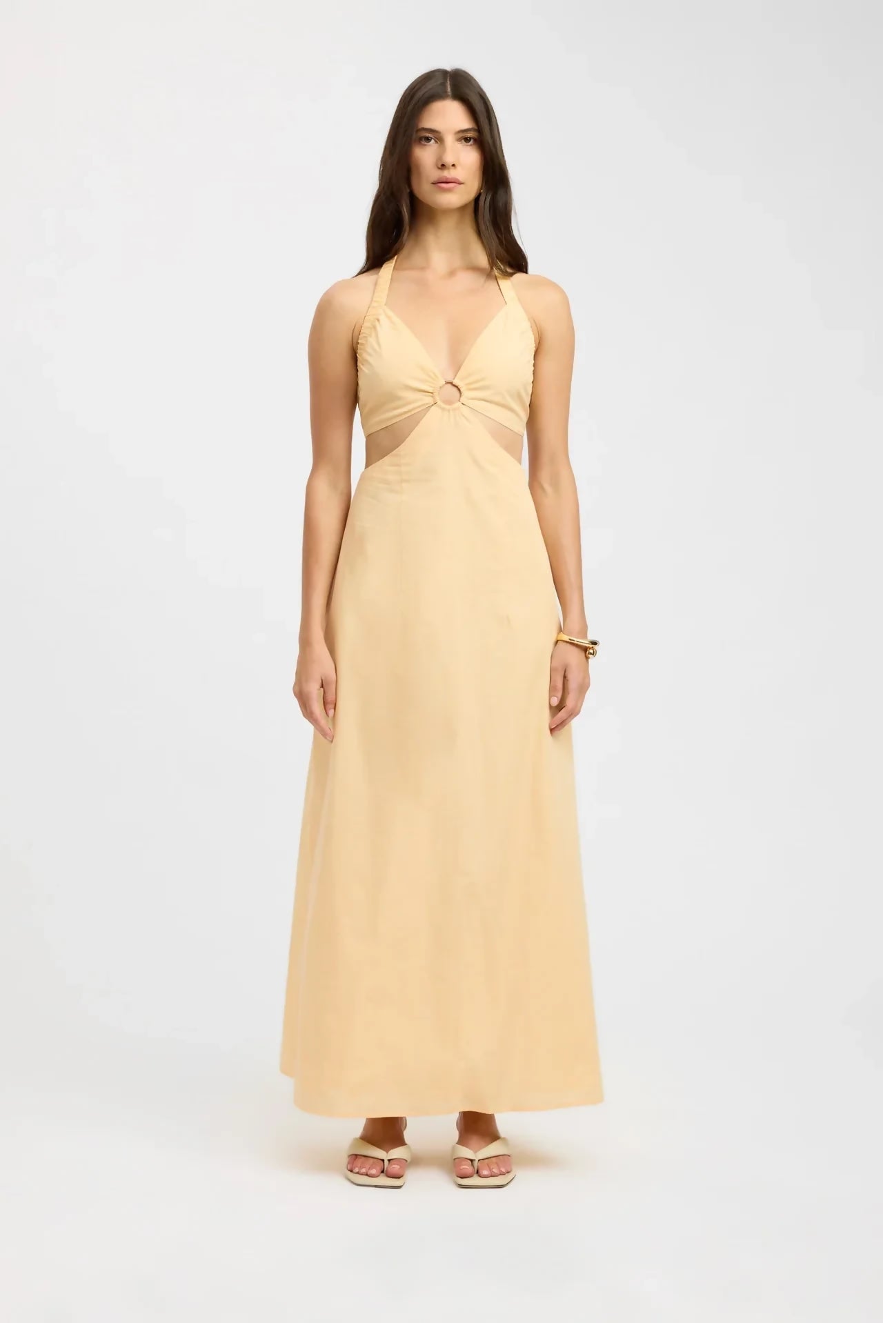 Pale yellow maxi dress with ring detail cutout at bust, sleeveless halter straps, and flowing A-line silhouette — Kookai | Endless UAE