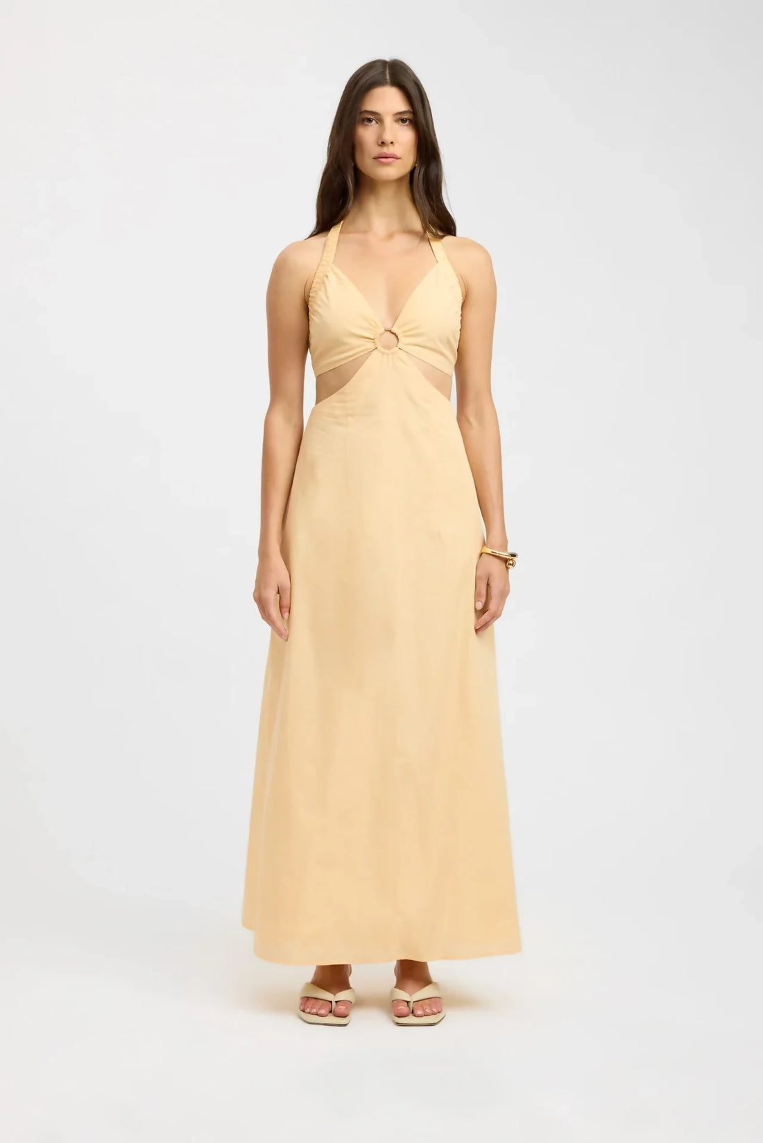 Pale yellow maxi dress with ring detail cutout at bust, sleeveless halter straps, and flowing A-line silhouette — Kookai | Endless UAE