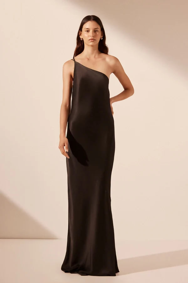Elegant black one-shoulder satin maxi dress with cowl back detail and floor-length silhouette — Shona Joy | Endless UAE