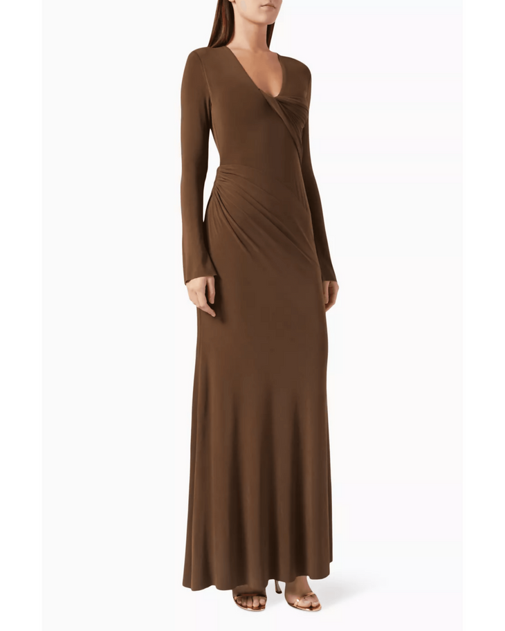 Brown long-sleeve maxi dress with V-neckline and side ruching detail — Chats By C.Dam | Endless UAE