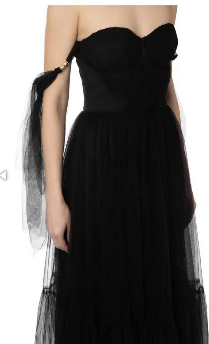 Black tulle off-shoulder gown with ruffled sleeves — Elisabetta Franchi | Endless UAE