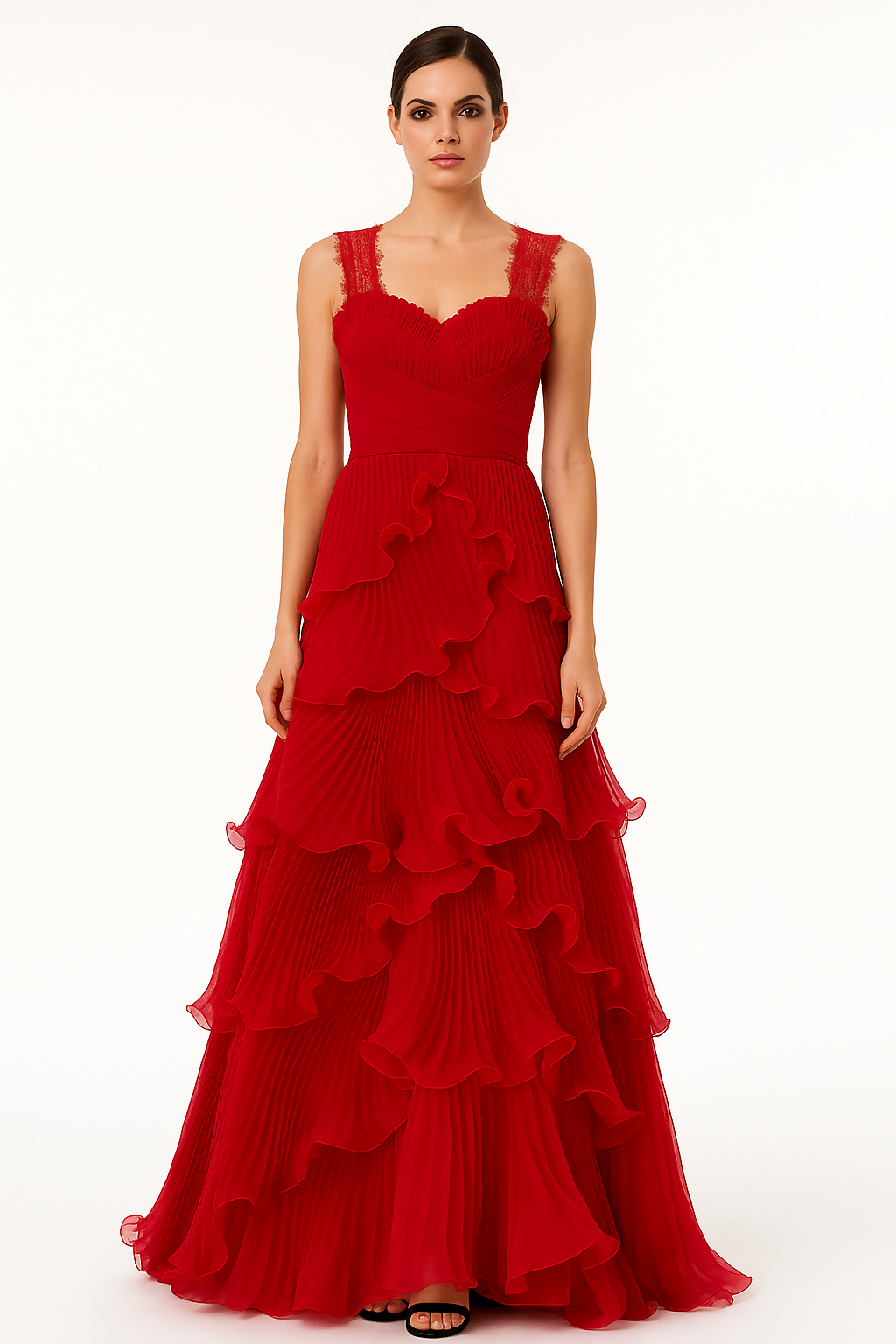 Red ruffle evening dress with lace straps and pleated bodice — Pronovias | Endless UAE