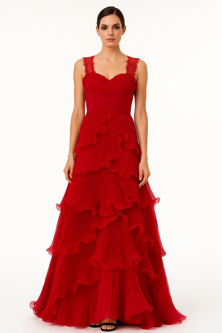 Red ruffle evening dress with lace straps and pleated bodice — Pronovias | Endless UAE
