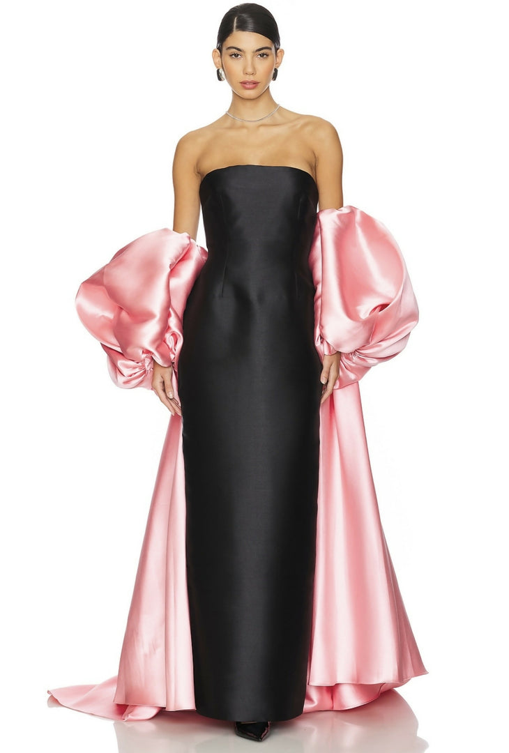 Black strapless maxi dress with dramatic pink puff sleeves and pink train — Solace London | Endless UAE
