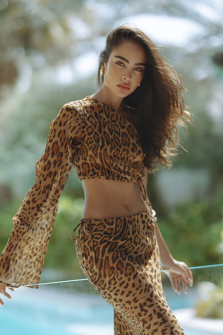 Leopard print two-piece co-ord set with crop top and wide-leg pants — Chic Le Frique | Endless UAE