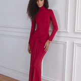 Woman wearing elegant red long-sleeve turtleneck maxi dress with tie front detail — Chic Le Frique | Endless UAE