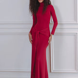 Long-sleeved red maxi dress with high neckline and waist tie detail — Chic Le Frique | Endless UAE