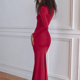 Woman wearing red long-sleeve ruched bodycon maxi dress with tie front detail, back view — Chic Le Frique | Endless UAE