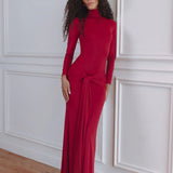 Elegant red maxi dress with turtleneck, long sleeves and statement tie detail at waist — Chic Le Frique | Endless UAE