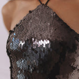 Black sequin halter mini dress with faux fur hem detail — Chic Le Frique | Endless UAE