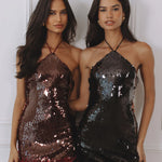 Black sequin halter mini dress with faux fur hem detail — Chic Le Frique | Endless UAE