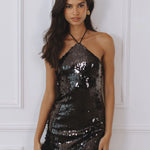 Black sequin halter mini dress with faux fur hem detail — Chic Le Frique | Endless UAE