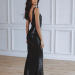Elegant black sequin maxi dress with deep back, floor-length silhouette, perfect for evening events — Chic Le Frique | Endless UAE