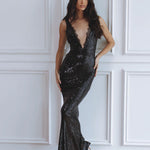 Black sequin maxi dress with deep V-neckline, lace trim, and figure-hugging silhouette — Chic Le Frique | Endless UAE