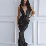 Black sequin maxi dress with deep V-neckline, lace trim, and figure-hugging silhouette — Chic Le Frique | Endless UAE