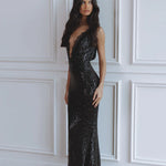 Black sequin maxi dress with plunging lace neckline and figure-hugging silhouette — Chic Le Frique | Endless UAE