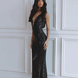 Black sequin maxi dress with plunging lace neckline and figure-hugging silhouette — Chic Le Frique | Endless UAE
