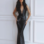 Elegant black sequin maxi dress with deep V-neckline and form-fitting silhouette — Chic Le Frique | Endless UAE