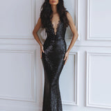 Elegant black sequin maxi dress with deep V-neckline and form-fitting silhouette — Chic Le Frique | Endless UAE