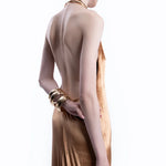 Gold halter neck velvet maxi dress with draped neckline — Lediel | Endless UAE