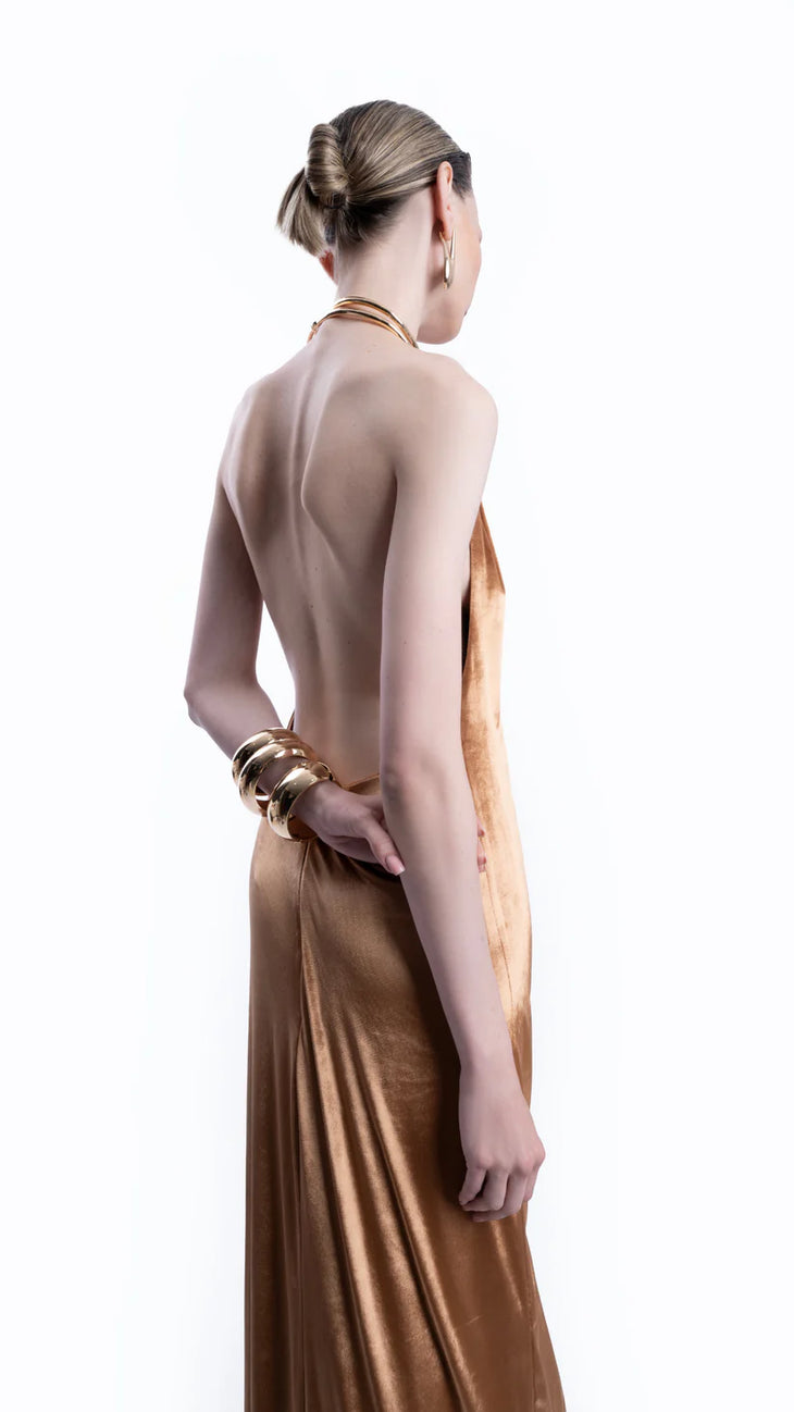 Gold halter neck velvet maxi dress with draped neckline — Lediel | Endless UAE