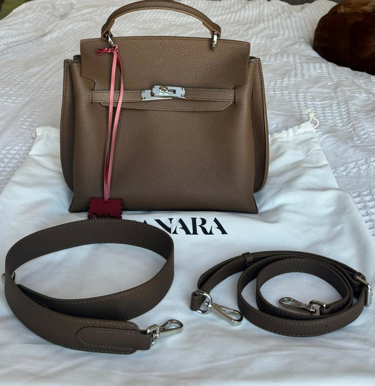 Brown leather structured handbag with gold hardware and pink shoulder strap — Endless | Endless UAE