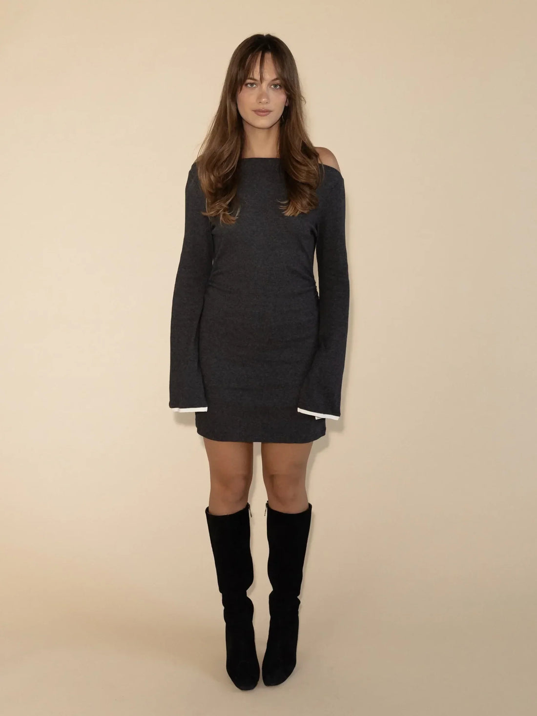 Lola Dress in charcoal with white cuff details and cold-shoulder neckline — Villa Melina | Endless UAE