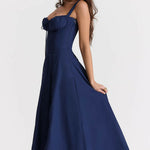 Woman wearing navy blue Carmen French Bustier Sundress with sweetheart neckline — Endless | Endless UAE