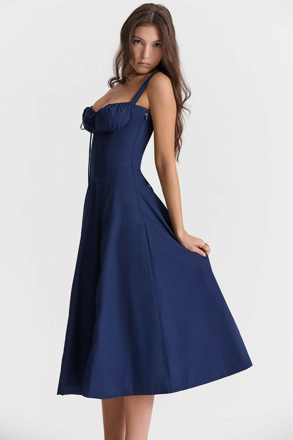 Woman wearing navy blue Carmen French Bustier Sundress with sweetheart neckline — Endless | Endless UAE