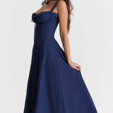 Woman wearing navy blue Carmen French Bustier Sundress with sweetheart neckline — Endless | Endless UAE