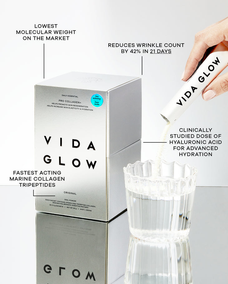 Pro Collagen+ oral powder sachet and box by Vida Glow — Vida Glow | Endless UAE