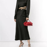 Black silk wrap-around tie cropped shirt with long sleeves and collar — Christopher Esber | Endless UAE