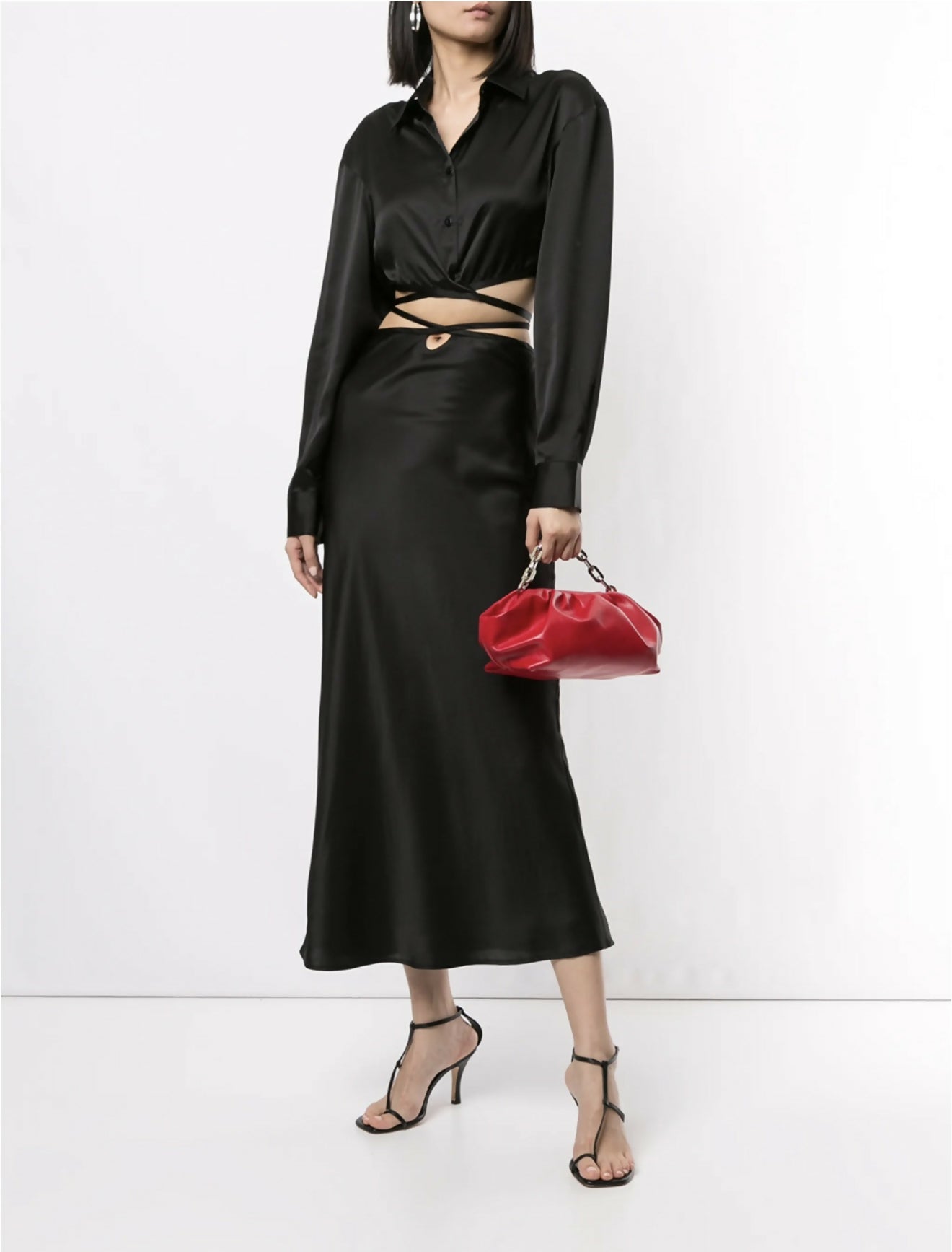 Black silk wrap-around tie cropped shirt with long sleeves and collar — Christopher Esber | Endless UAE