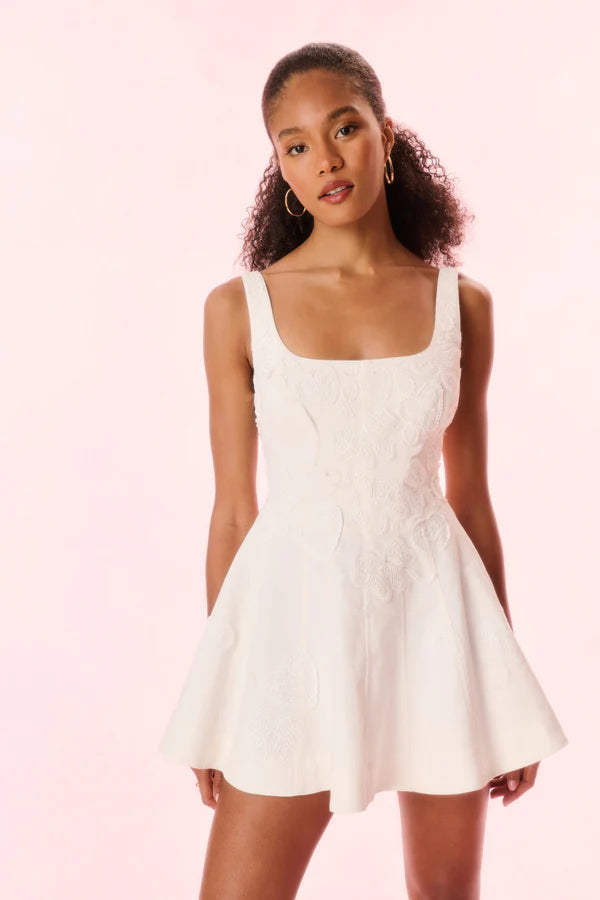 White textured mini dress with square neckline and flared skirt — LoveShackFancy | Endless UAE