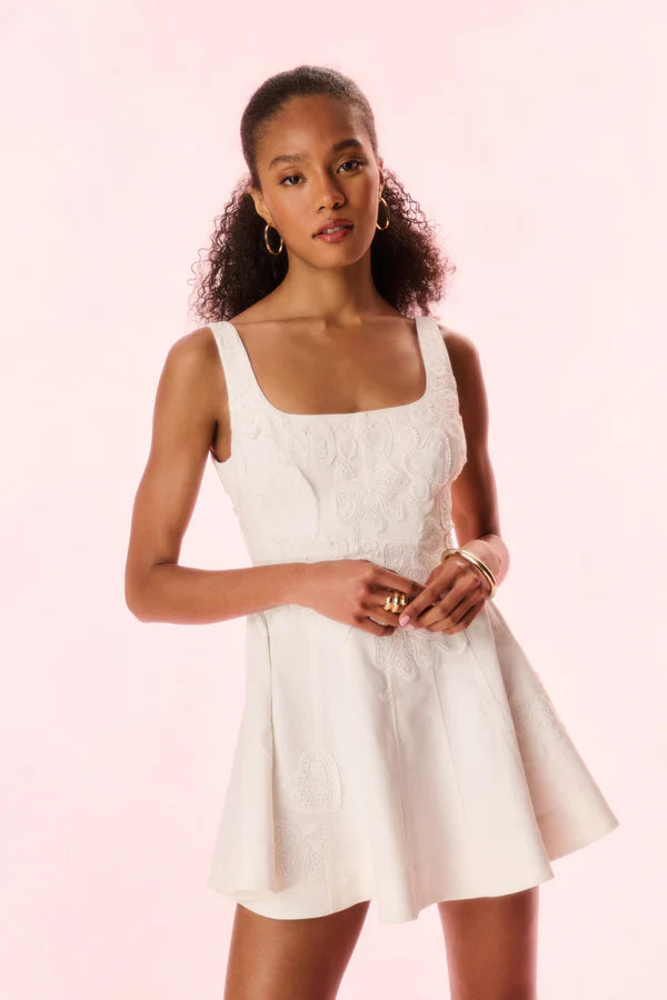 White textured mini dress with square neckline and flared skirt — LoveShackFancy | Endless UAE