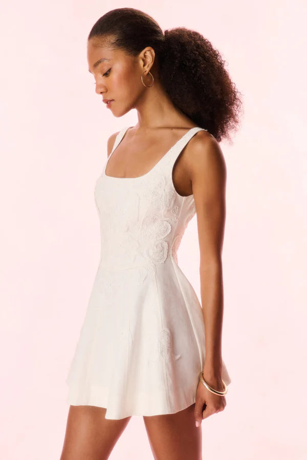 White textured mini dress with square neckline and flared skirt — LoveShackFancy | Endless UAE