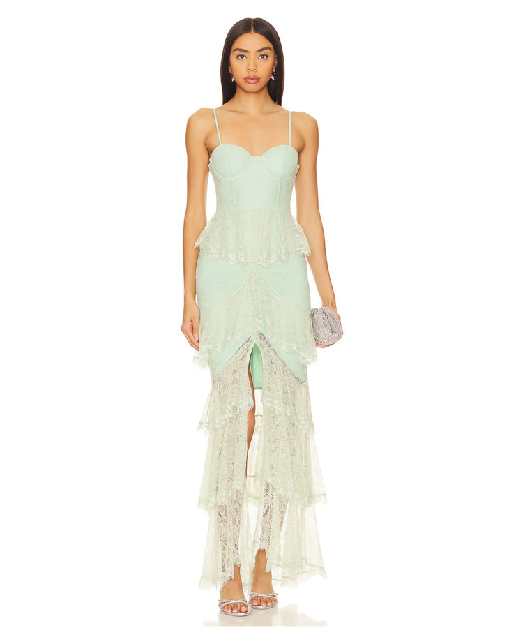 Zelda Fitz Gown in sage green lace with tiered layers and spaghetti straps — Majorelle | Endless UAE