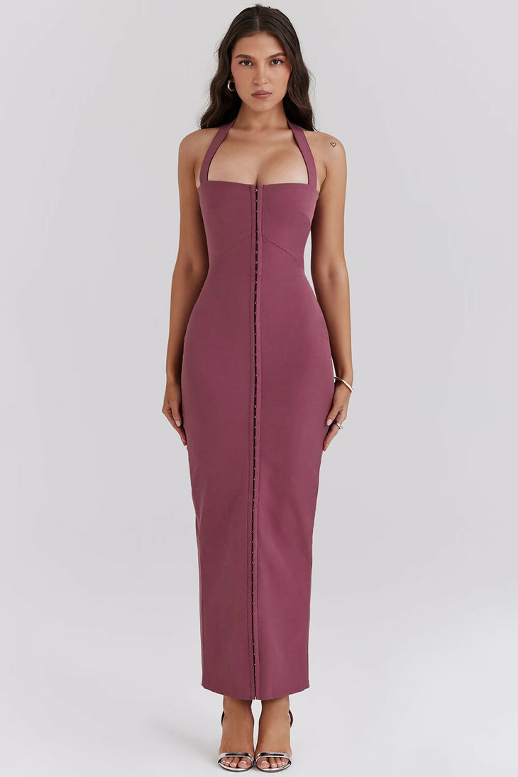 Mulberry halter maxi dress with front button detail on coastal balcony — House of Cb | Endless UAE
