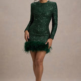 Claudia Bottle Sequin High Neck Feather Hem Mini Dress