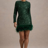 Claudia Bottle Sequin High Neck Feather Hem Mini Dress
