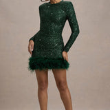 Claudia Bottle Sequin High Neck Feather Hem Mini Dress
