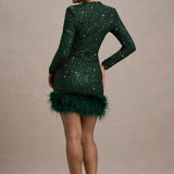 Claudia Bottle Sequin High Neck Feather Hem Mini Dress