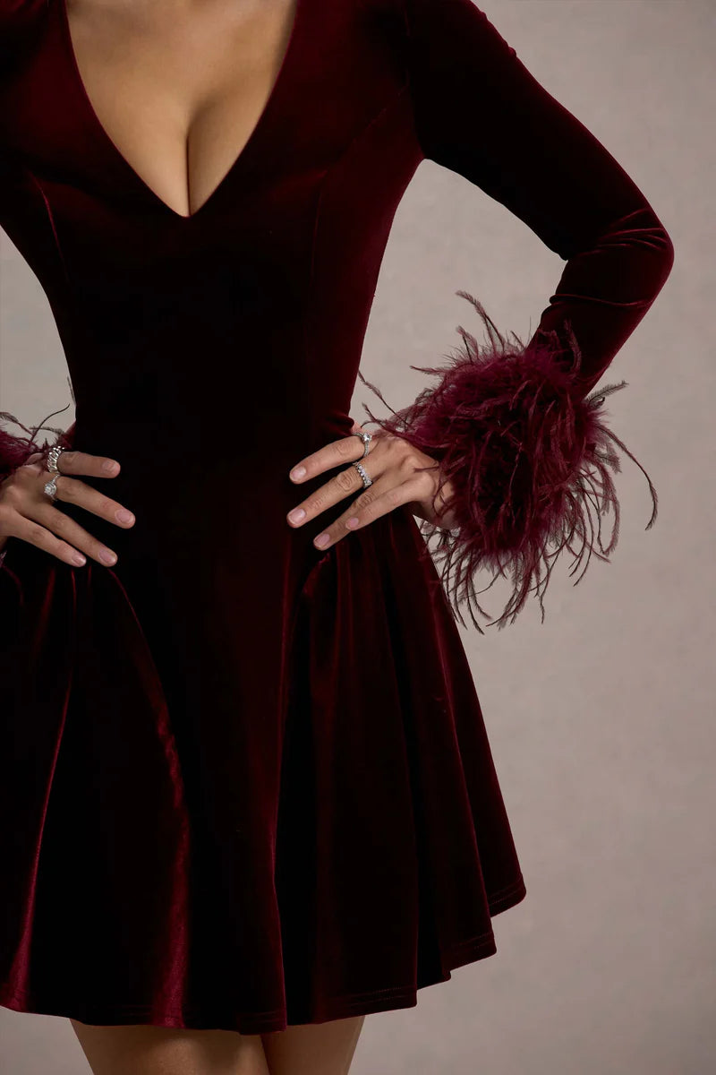 Pasilla Port velvet plunge-neck mini dress with feather trim cuffs — Club L London | Endless UAE