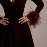 Pasilla Port velvet plunge-neck mini dress with feather trim cuffs — Club L London | Endless UAE